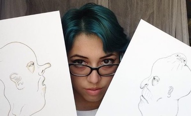 Girl among two drawings